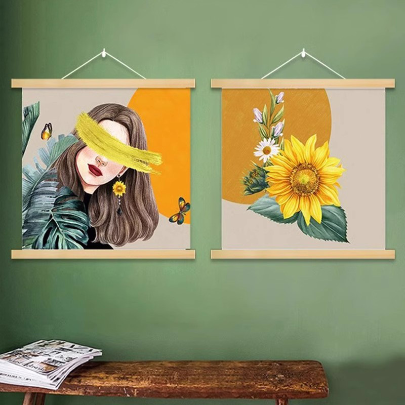 ins小清新背景墙挂画卡通插画花卉挂布电表箱遮挡壁画北欧轻奢画图片