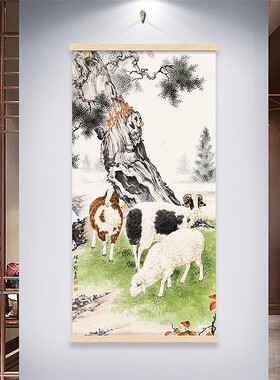 三羊开泰挂画布艺电表箱装饰画入户玄关画新中式客厅三阳开泰壁画