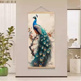 新中式玄关挂毯客厅装饰画孔雀挂布餐厅挂画布艺走廊茶室墙面布画