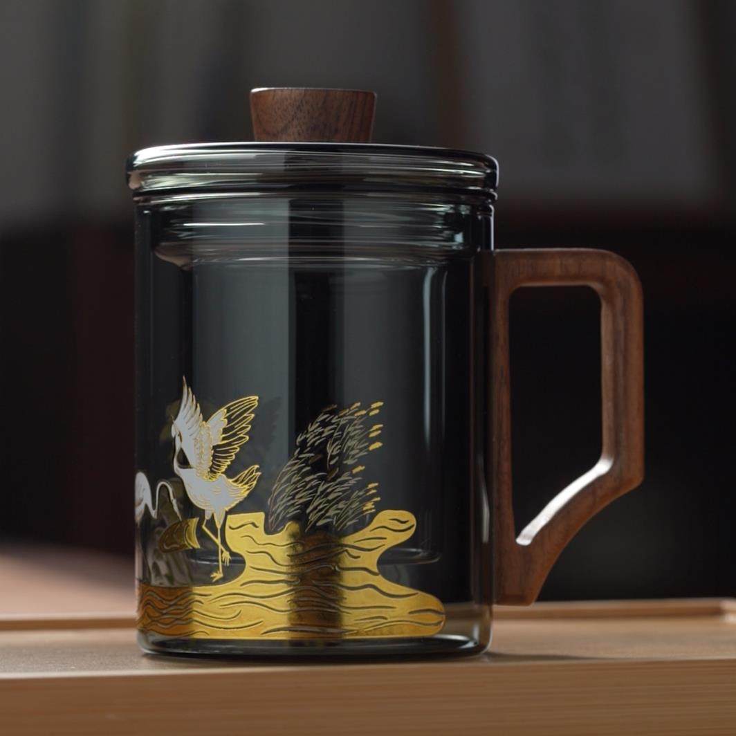 【九河之间】鹤栖三件杯办公泡茶杯高硼硅耐热玻璃办公杯,餐饮具,茶杯,淘宝优惠券,粉丝福利购,淘宝优惠卷