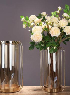 欧式样板房摆件轻奢风样品房金属花瓶样板间玻璃装饰品电视柜摆设