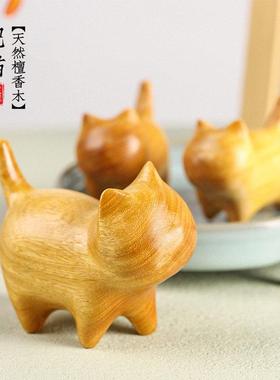 天然檀香木雕猫咪摆件可爱创意卡通肥猫手把件木质文玩装饰送礼品
