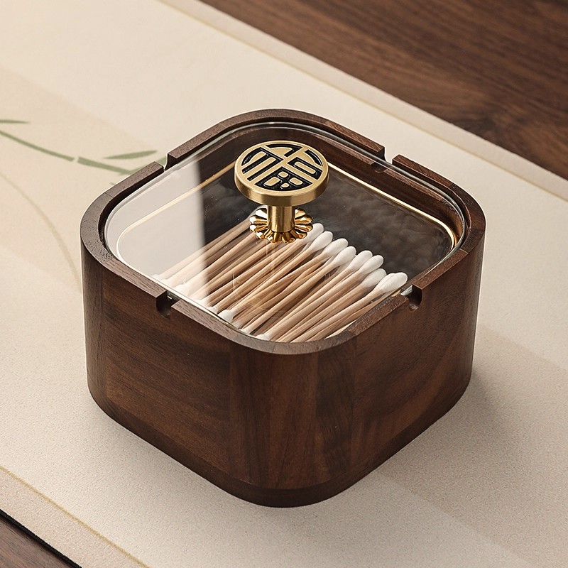复古胡桃木带盖棉签收纳盒