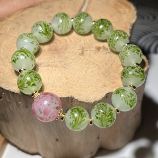 琉璃珠子穆拉诺金粉色满彩冰花云霞工艺粉蛙皮手工桃花琉璃珠手镯