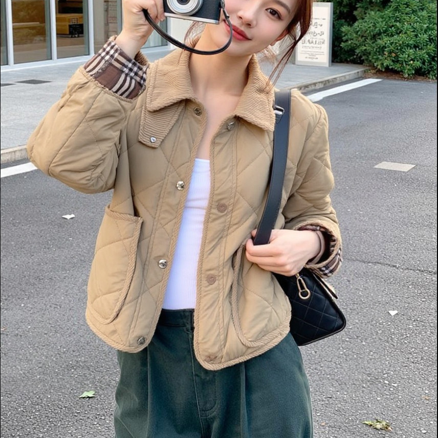 英伦风秋冬新款高奢灯芯绒翻领女装显瘦个性短款轻便棉服26355