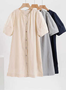 egg夏季薄款棉麻衬衫裙气质泡泡袖长裙单排扣中长款连衣裙21379