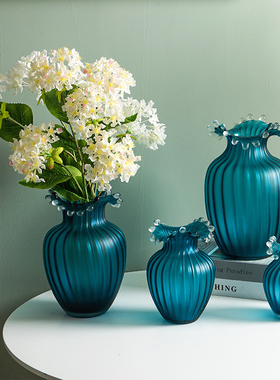 新款现代北欧水花口蓝色玻璃花瓶水培鲜花器餐桌面家居装饰摆件