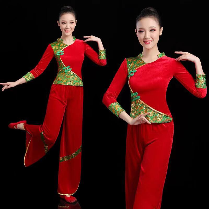 广场舞服装新款套装秧歌舞团体演出服中老年女扇子舞金丝绒舞蹈服