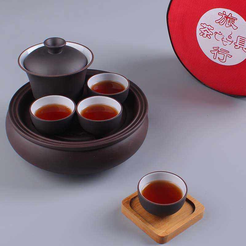 潮汕老紫砂传统功夫茶具套装外出差朱泥小泡球旅行盖碗便携带茶盘