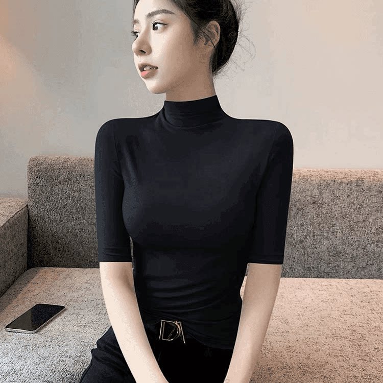 哗朵朵女装专柜正品半高领五分袖T恤显瘦纯色半袖打底衫女春秋冬
