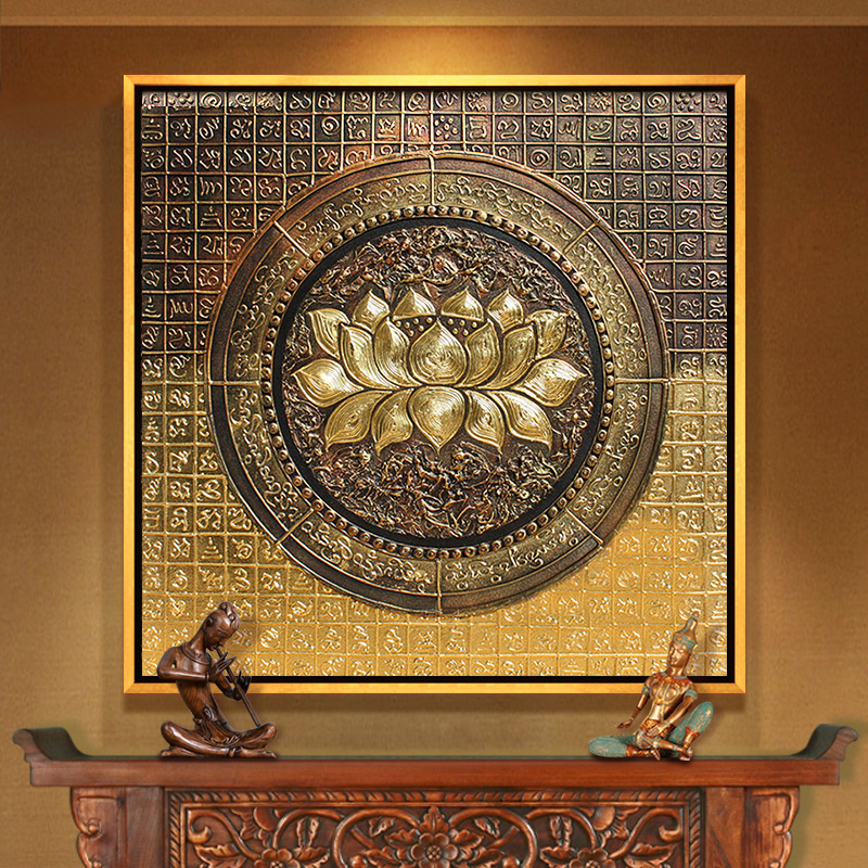 手绘油画客厅玄关装饰画走廊挂画东南亚泰式立体金箔荷花壁画定制图片