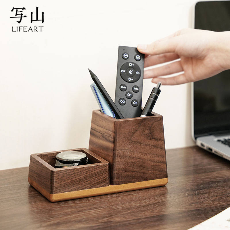 北美黑胡桃木办公室收纳笔筒桌面实木定制高端笔筒文具化妆刷置物