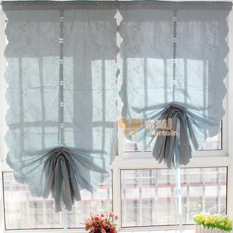 蓝色魔术贴罗马窗帘免打孔提拉帘扇形气球帘升降成品飘窗帘隔断帘