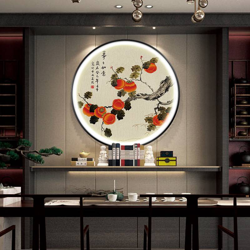 新中式玄关装饰画圆形带灯五福临门走廊过道挂画LED发光葫芦壁灯图片