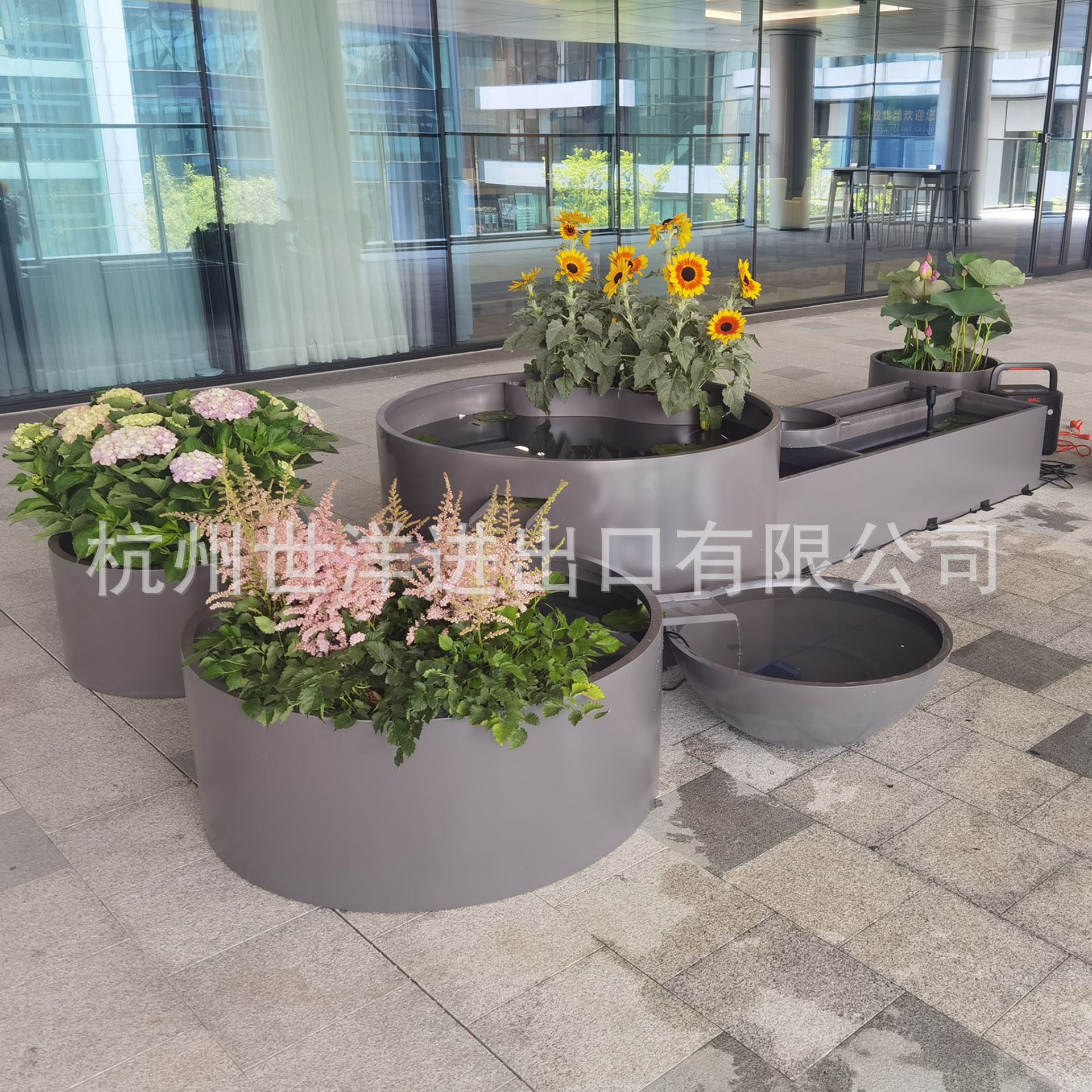 不锈钢花盆喷泉水景组合商场花器户外花槽种植池大号花器
