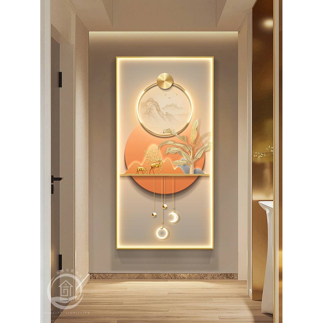 天台华莲轻奢风玄关装饰画福鹿抽象高档壁画灯现代入户门客厅走廊图片