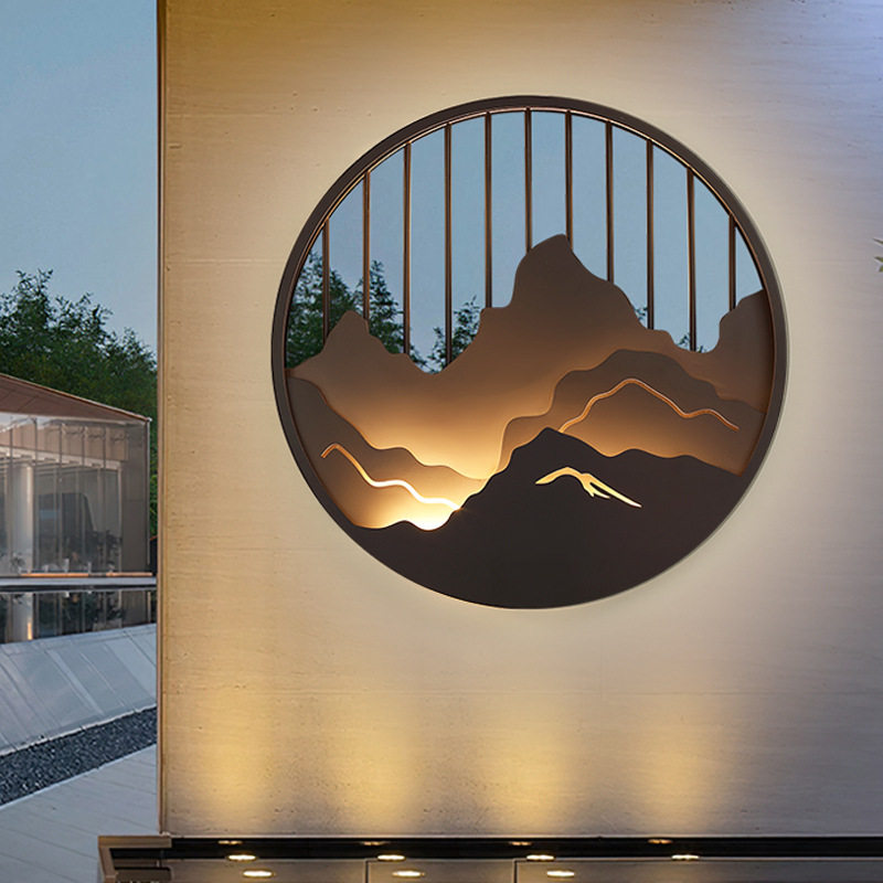 中国风山水禅意新中式户外庭院装饰圆形壁灯酒店玄关屏风花窗灯具