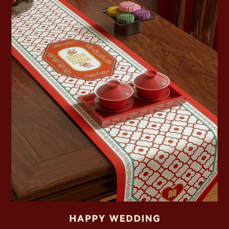 红色结婚桌无品牌/旗婚礼长条视柜盖茶几餐桌桌布庆喜防水电布新