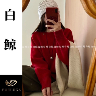 韩系简约红色羊毛圆领套头针织衫 女宽松百搭慵懒风毛衣2918