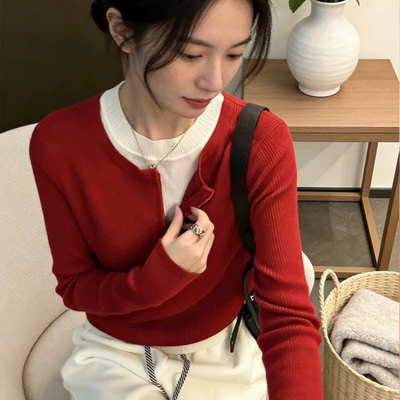 红色假两件撞色拼接针织衫女设计感小众套头打底衫内搭26AM0036