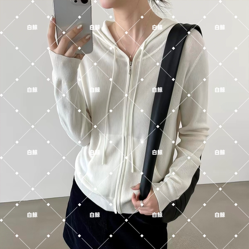 女装连帽拉链开衫针织衫米杏色休闲百搭毛衣外套0854