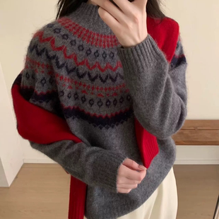 秋冬费尔岛提花半高领宽松百搭套头撞色针织毛衣女2937