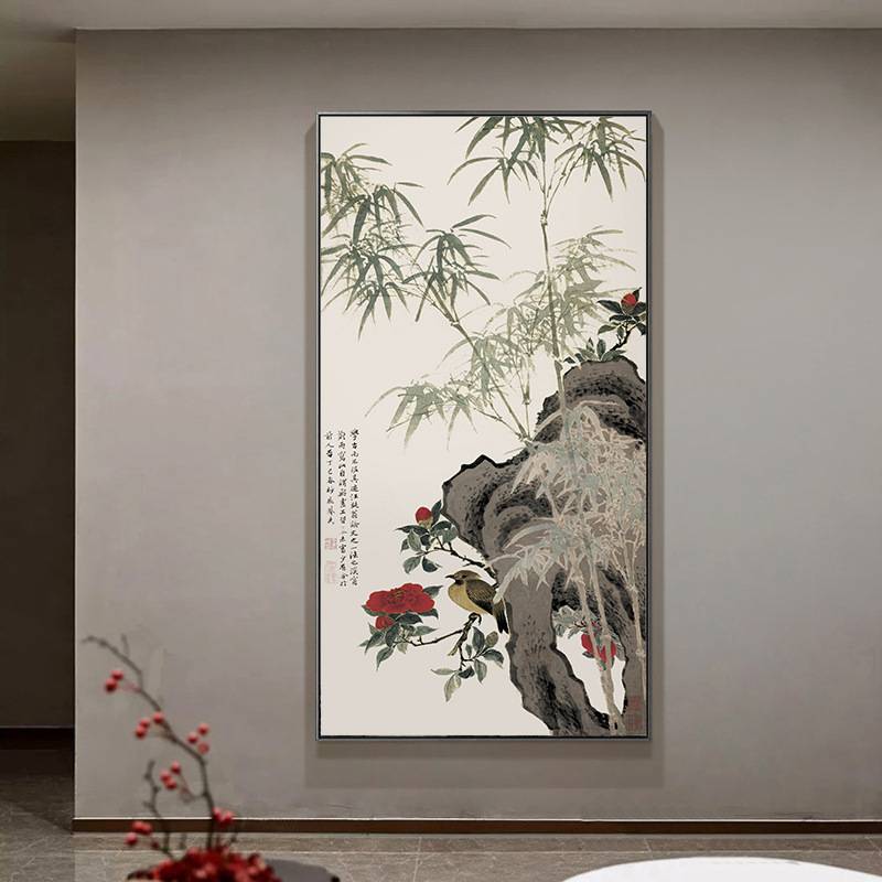 新中式花鸟玄关装饰画办公室书房写意水墨画酒店民宿竖版竹子挂画图片