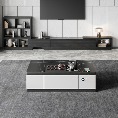 新中式实木岩板功夫茶几茶台一体升降桌泡茶桌家用客厅办公室现代