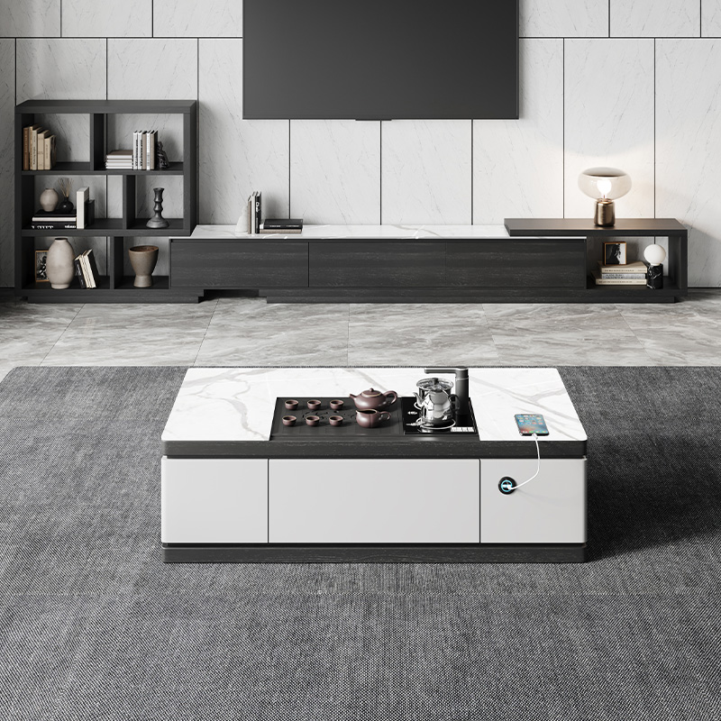 新中式实木岩板功夫茶几茶台一体升降桌泡茶桌家用客厅办公室现代