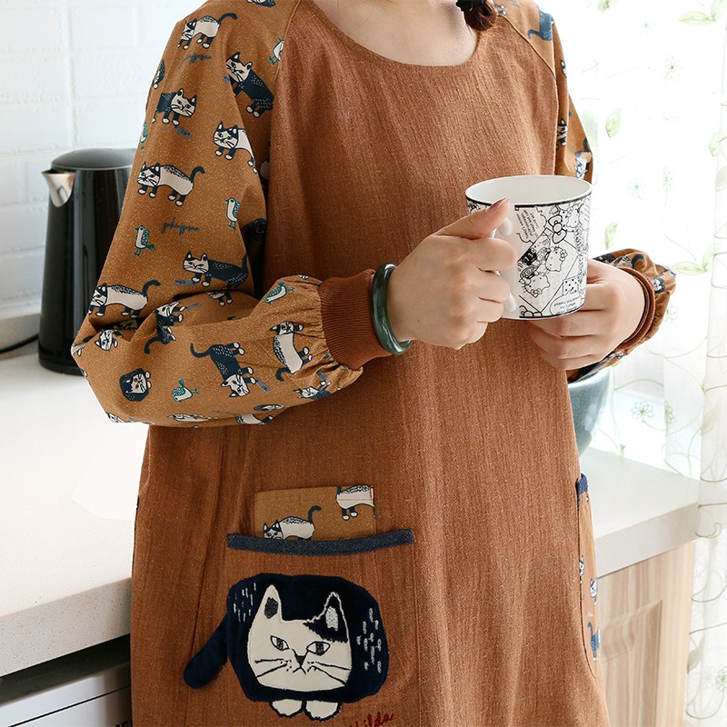 围裙长袖家用厨房反穿罩衣女士大人卡通时尚M工作画画日式做饭围
