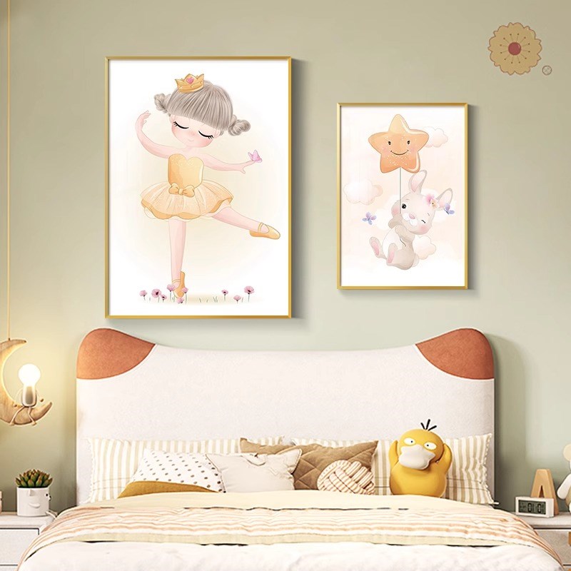 儿童房间装饰画粉色卡通女孩卧室床头背景墙挂画可爱Vins公主壁画