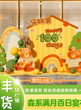 宝宝百日宴kt板布置背景绿色森系百天满月卡通迎宾牌气球场景装饰