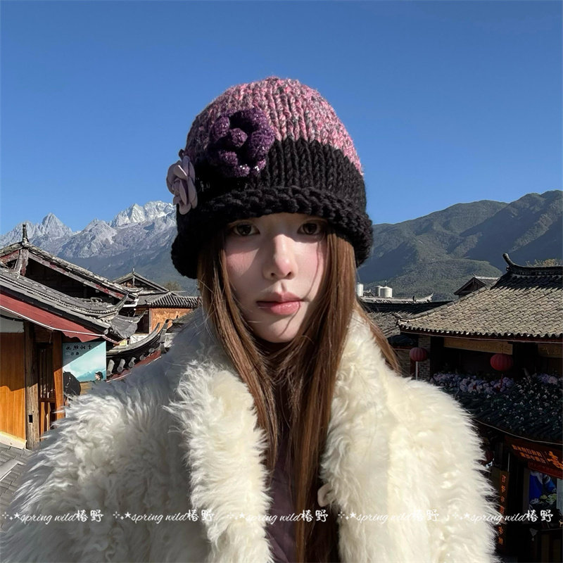 韩系古早千禧风拼接手工花朵针织马套头帽女云南旅游卷边毛线帽子,服饰配件/皮带/帽子/围巾,帽子,淘宝优惠券,粉丝福利购,淘宝优惠卷