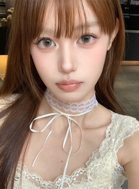 纯欲风白色蕾丝蝴蝶结绑带项链choker甜美氛围锁骨链复古设计颈饰