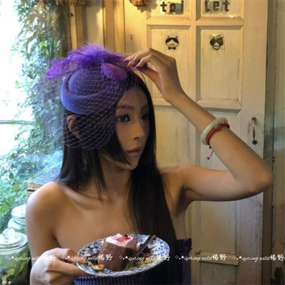 千禧辣妹风紫色羽毛小礼帽发夹