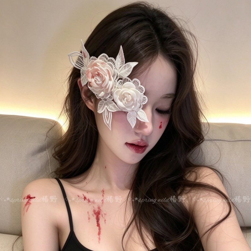 万圣节白玫瑰堕落天使眼罩女朋克氛围感cos装扮造型拍照道具配饰