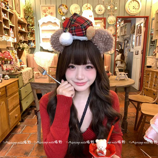 圣诞节氛围感可爱毛绒小熊圣诞帽发箍女红色蝴蝶结头箍头饰发饰品