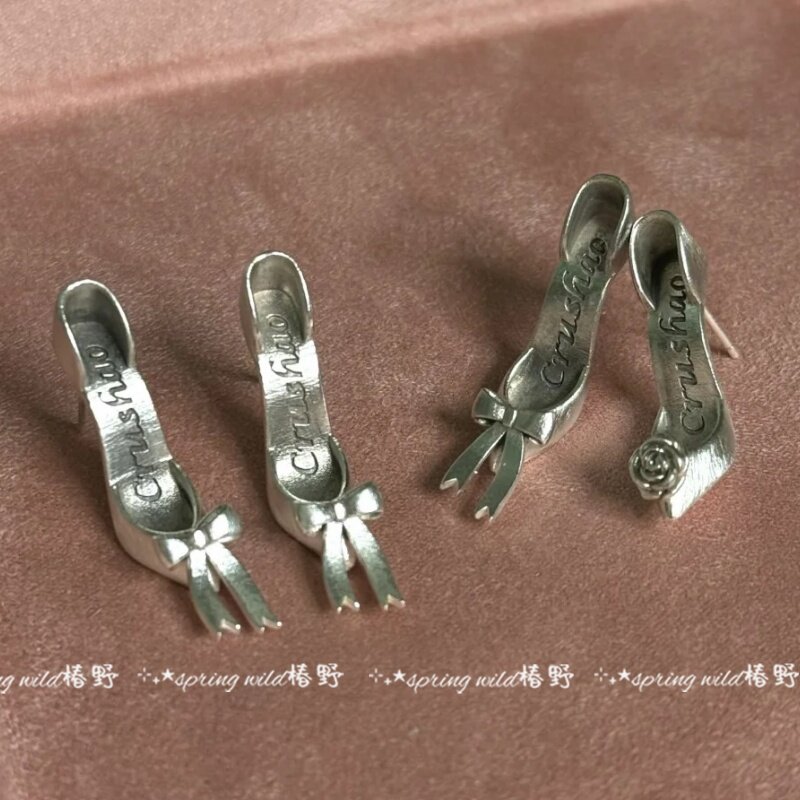 复古中古感做旧公主芭蕾高跟舞鞋蝴蝶结玫瑰造型甜酷辣妹耳钉配饰