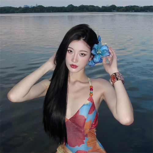 氛围感新中式蓝色百合花抓夹