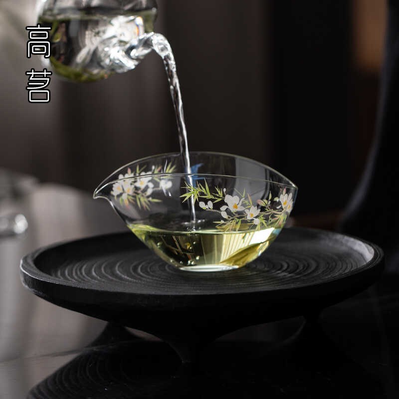贴花耐热玻璃公道j杯一叶扁舟分茶器茶海船型透明家用公杯泡茶匀