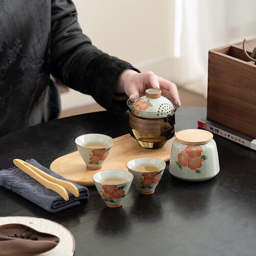 哥窑手绘b柿子浮雕手抓壶快客杯户外便携式包旅行茶具茶壶茶杯套