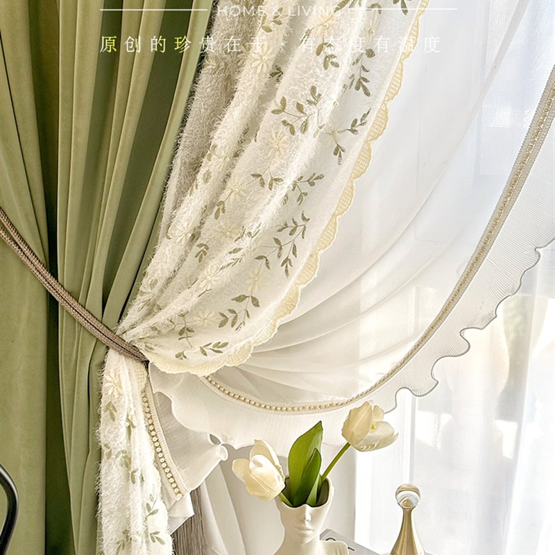 春野浮绿 法式浪漫蕾丝刺绣花边复古田园O美式绿色遮光丝绒窗帘
