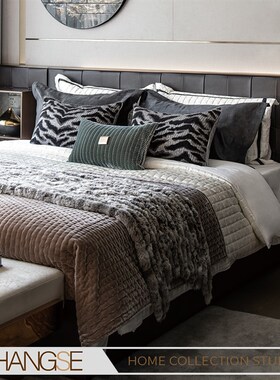 尚塞布艺轻奢灰色兔毛皮草搭毯样板间展厅J高档软装床上用品11件