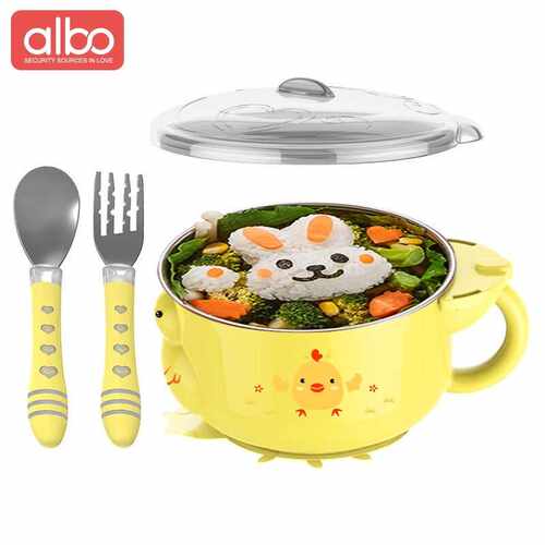 albo儿童餐具套装婴儿注水保温碗宝宝吸盘碗不锈钢辅食碗勺叉DS00