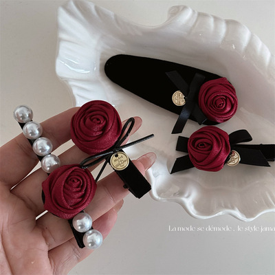 法式红玫瑰小金片发夹珍珠一字发卡法式复古气质侧边夹鸭嘴夹发饰