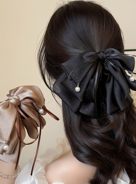 黑色满天星飘带马尾夹精致多层后脑勺发卡抓夹头饰轻奢百搭鲨鱼夹