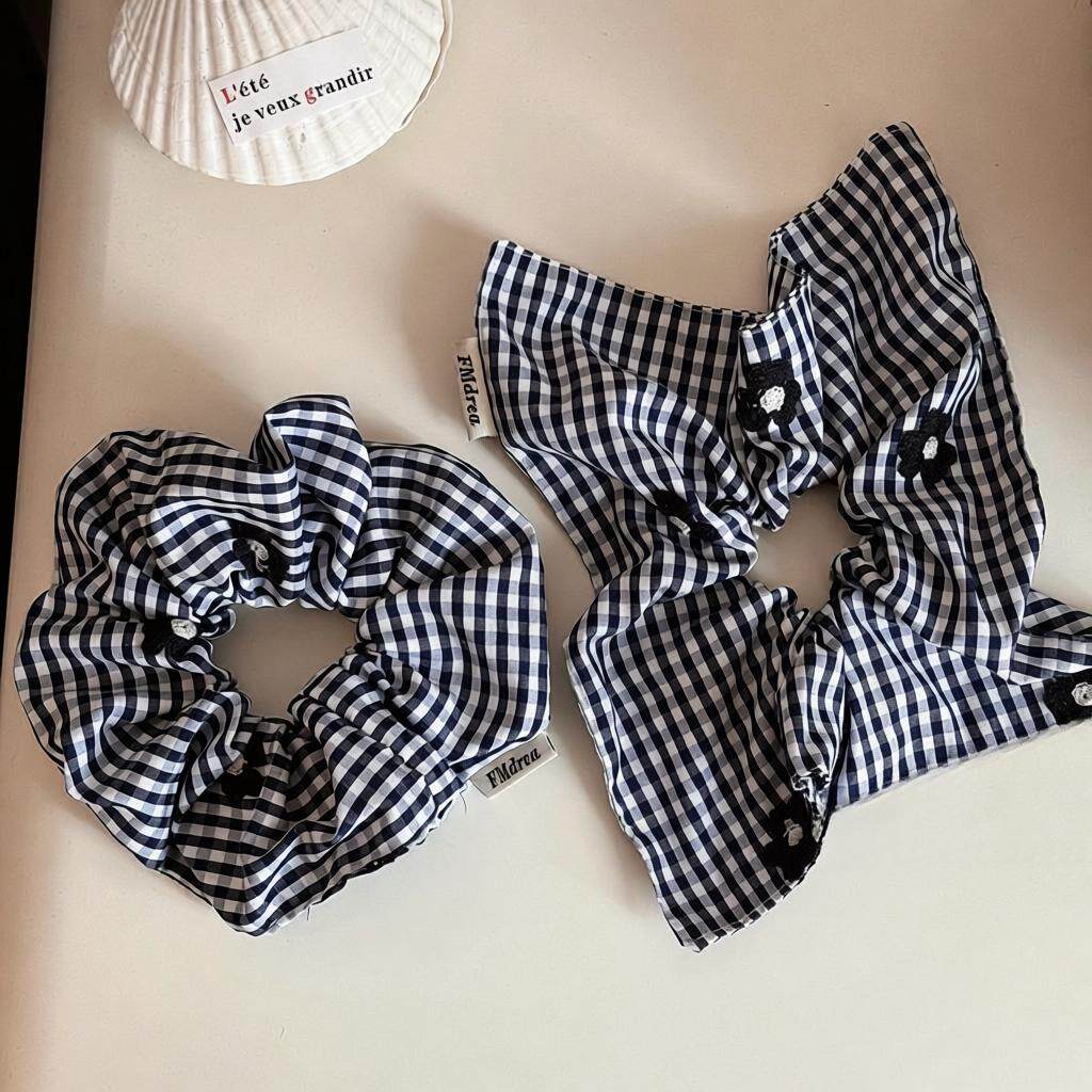 韩系格纹刺绣花朵方巾发圈女高级感扎头发皮筋高弹力头绳大肠圈