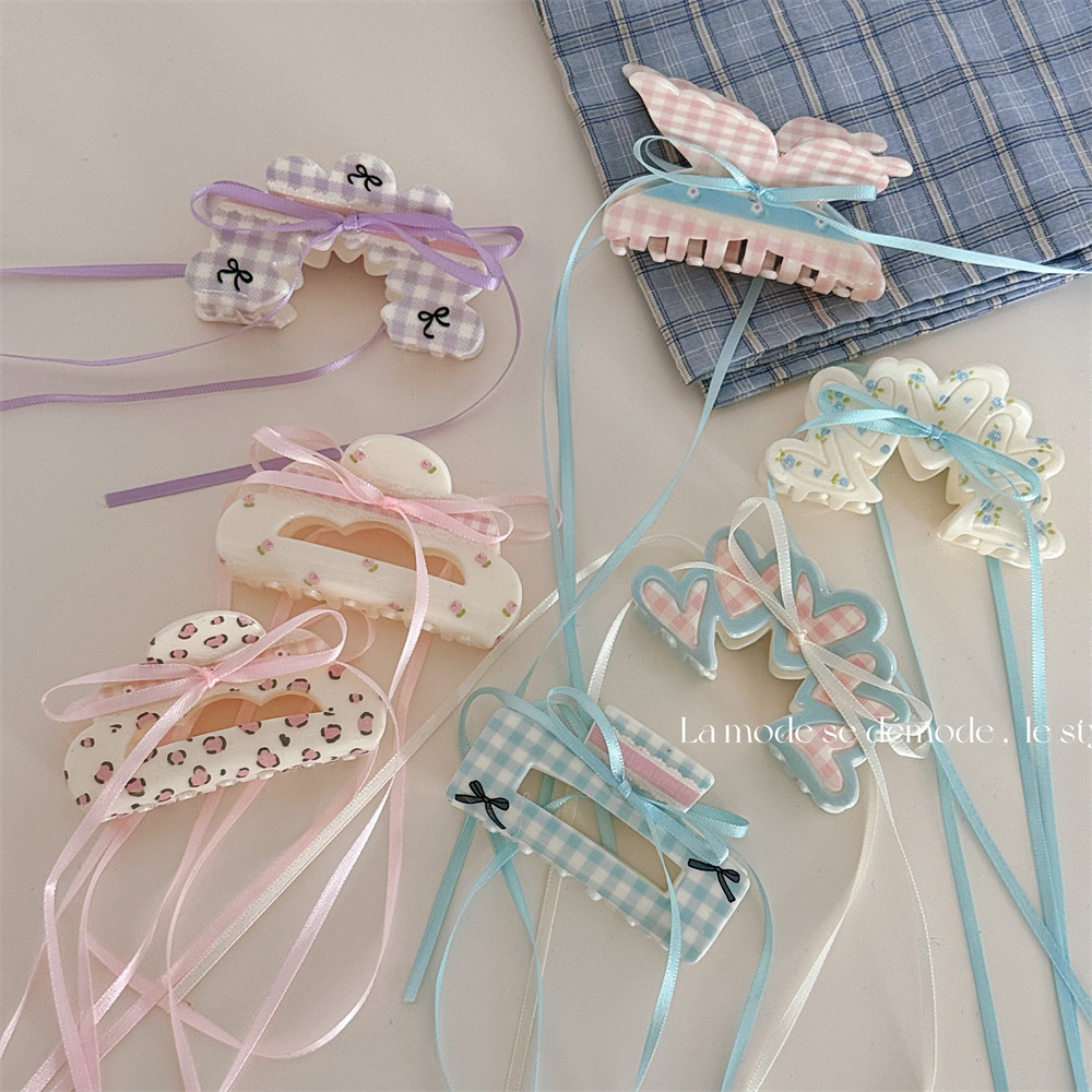 奶油芭蕾碎花格纹长丝带蝴蝶结发夹抓夹甜美温柔盘发鲨鱼夹发饰