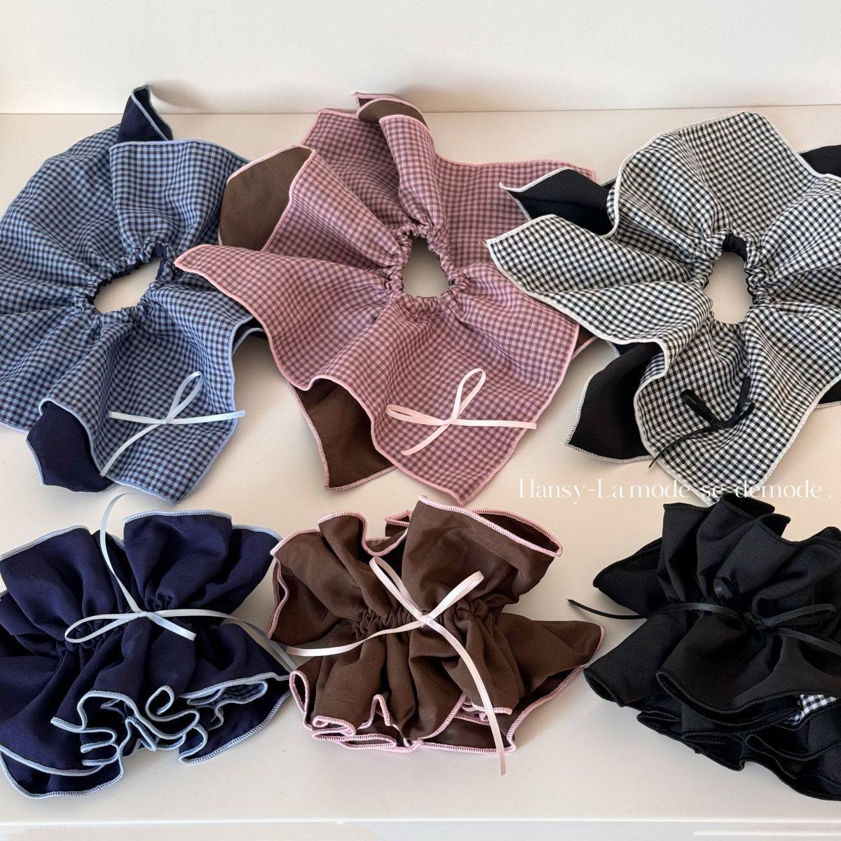 蝴蝶结双层发圈复古格纹大号伞形甜美布艺低马尾女发饰新款