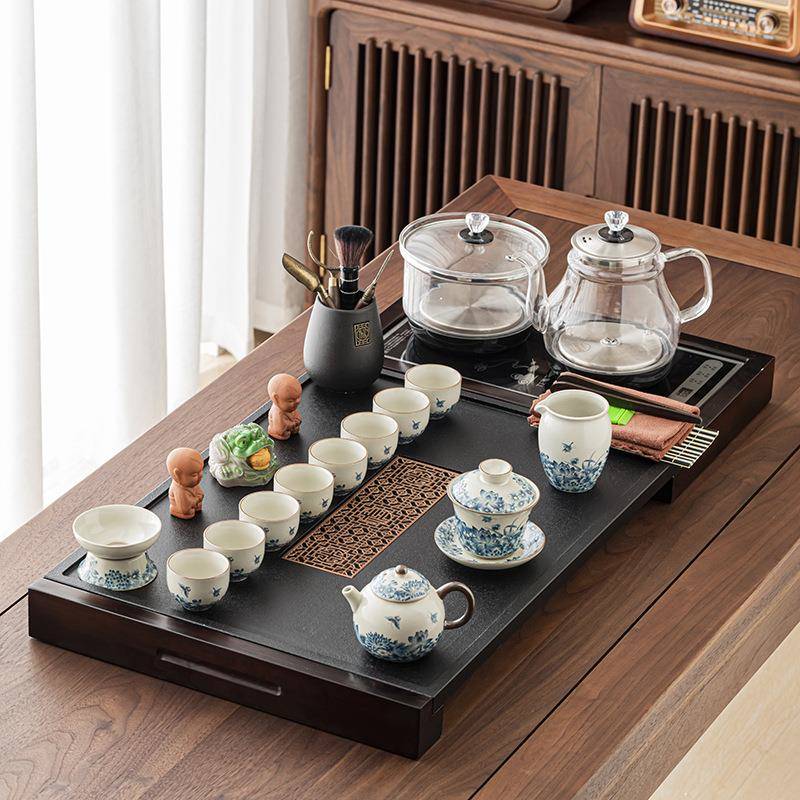 茶石木组合套四装家用体茶台石具材实木结合茶盘合一玻璃烧水壶功